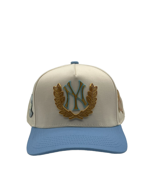 **AVAILABLE ON 2/15/2025** (Pre-orders available now) "New York Olive Leaf" Snapback (Cream/Baby Blue/Gold) *Limited Edition